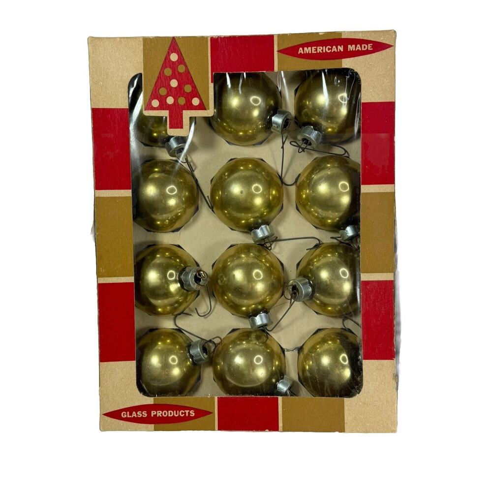 Set of 12 Vintage Coby Gold Glass Christmas Tree Ornaments Original Box 2 1/4